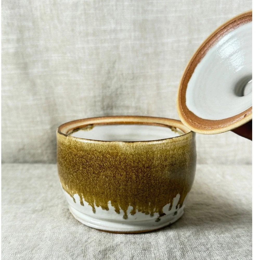 Jack Pott Studio Pottery Sugar Bowl Brown Good Vintage Drip Glaze Jar